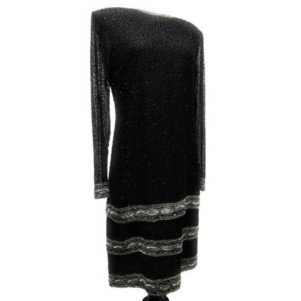 Brilliante By JA 100% Silk 80's Vintage Beaded Evening Dress in Black Size L